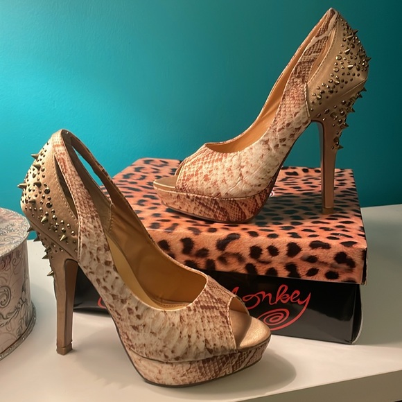 Naughty Monkey's Multi-Color Glam Dandy Spiked Heels in Beige Snake-print. - Picture 2 of 10